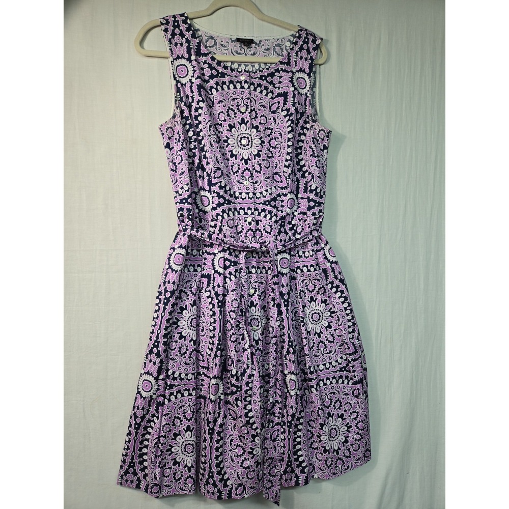 Talbots Tank Dress Women's 12 Purple Navy Button Up Belted Knee Length Pockets